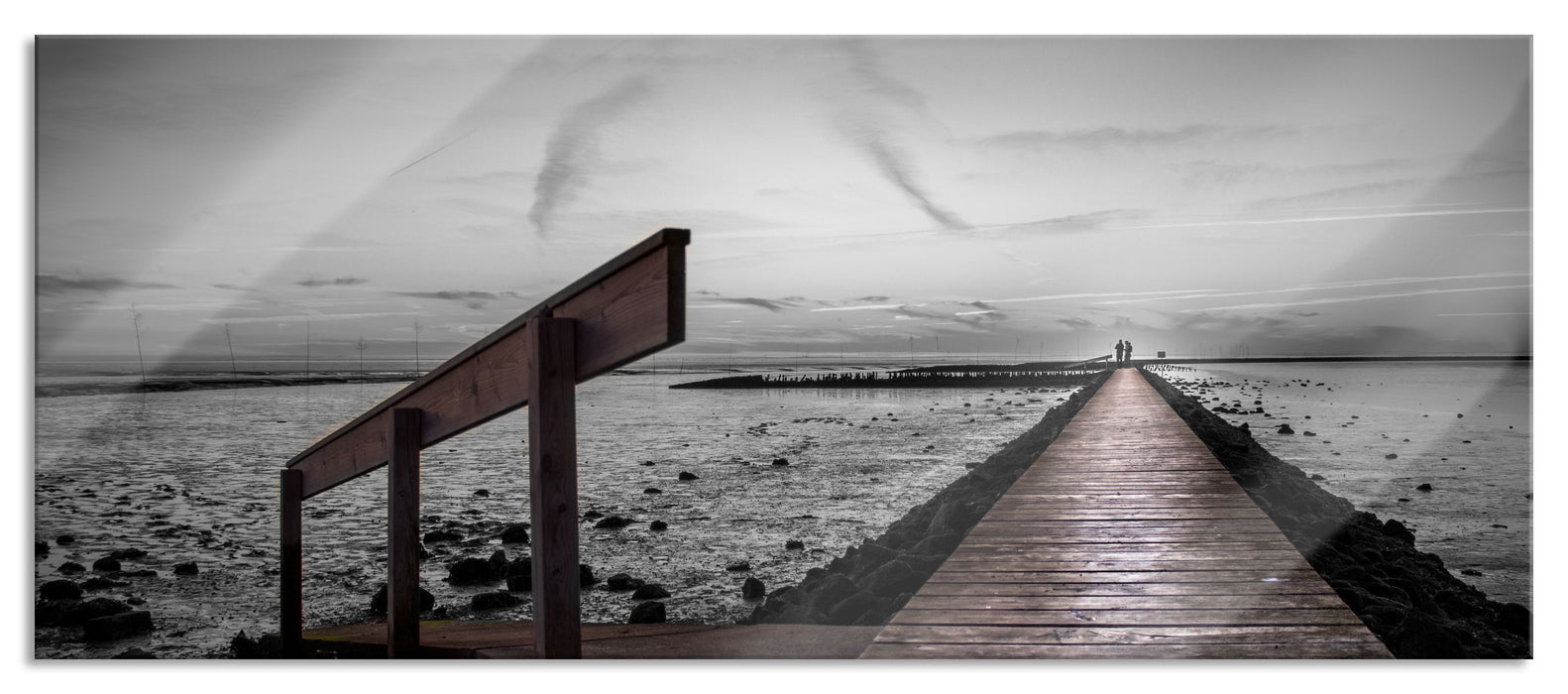 Pixxprint langer Steg an der Nordsee, Glasbild Panorama