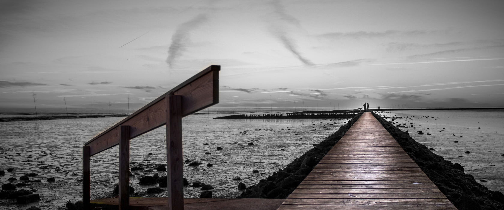 langer Steg an der Nordsee, Glasbild Panorama