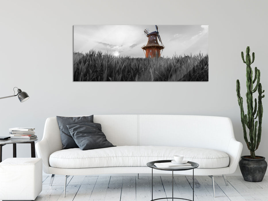 schöne Windmühle auf dem Feld, Glasbild Panorama