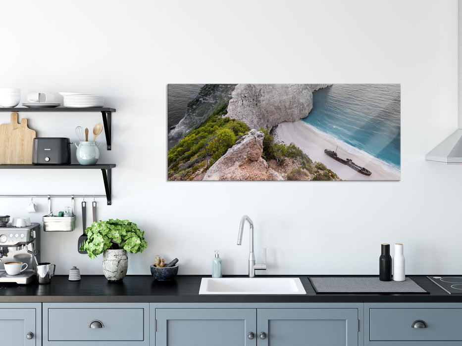 Nagio Strand im Sonnenuntergang, Glasbild Panorama