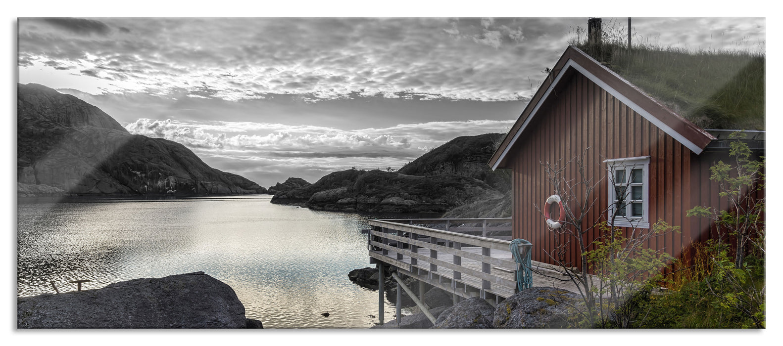 Pixxprint Sonnenaufgang am Fjord Norwegens, Glasbild Panorama