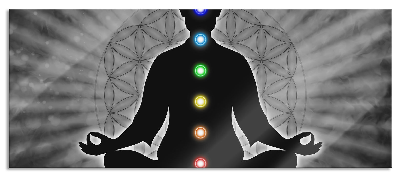 Pixxprint Meditation mit den 7 Chakren, Glasbild Panorama