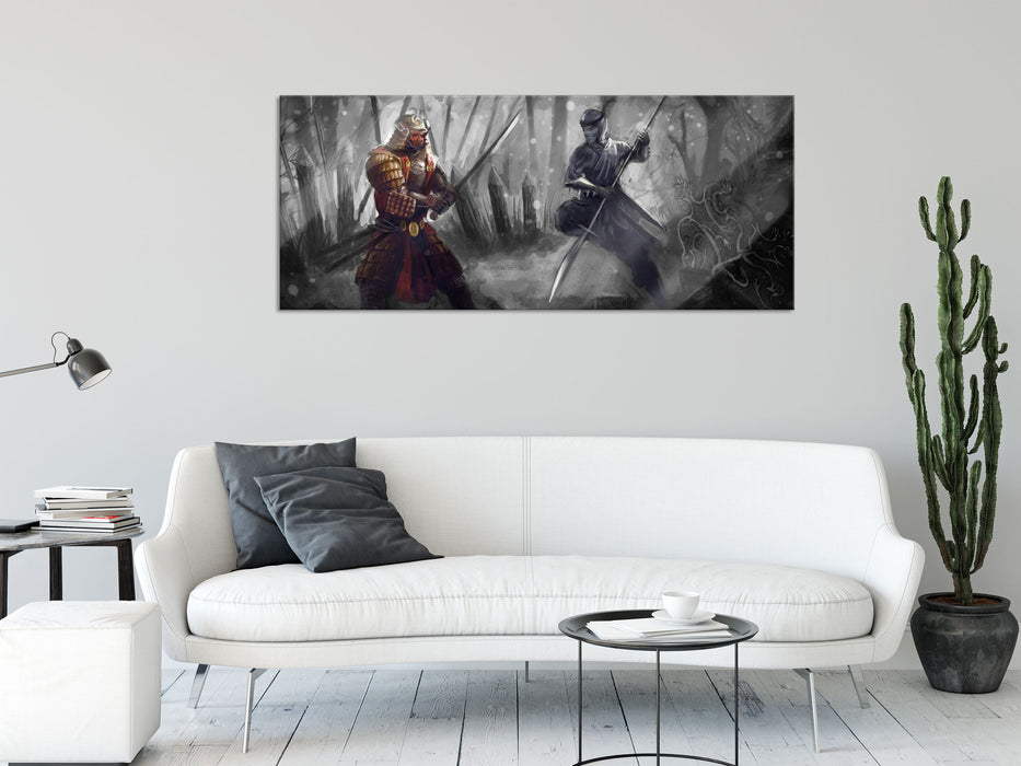 Kampf zwischen Samurai und Ninja, Glasbild Panorama