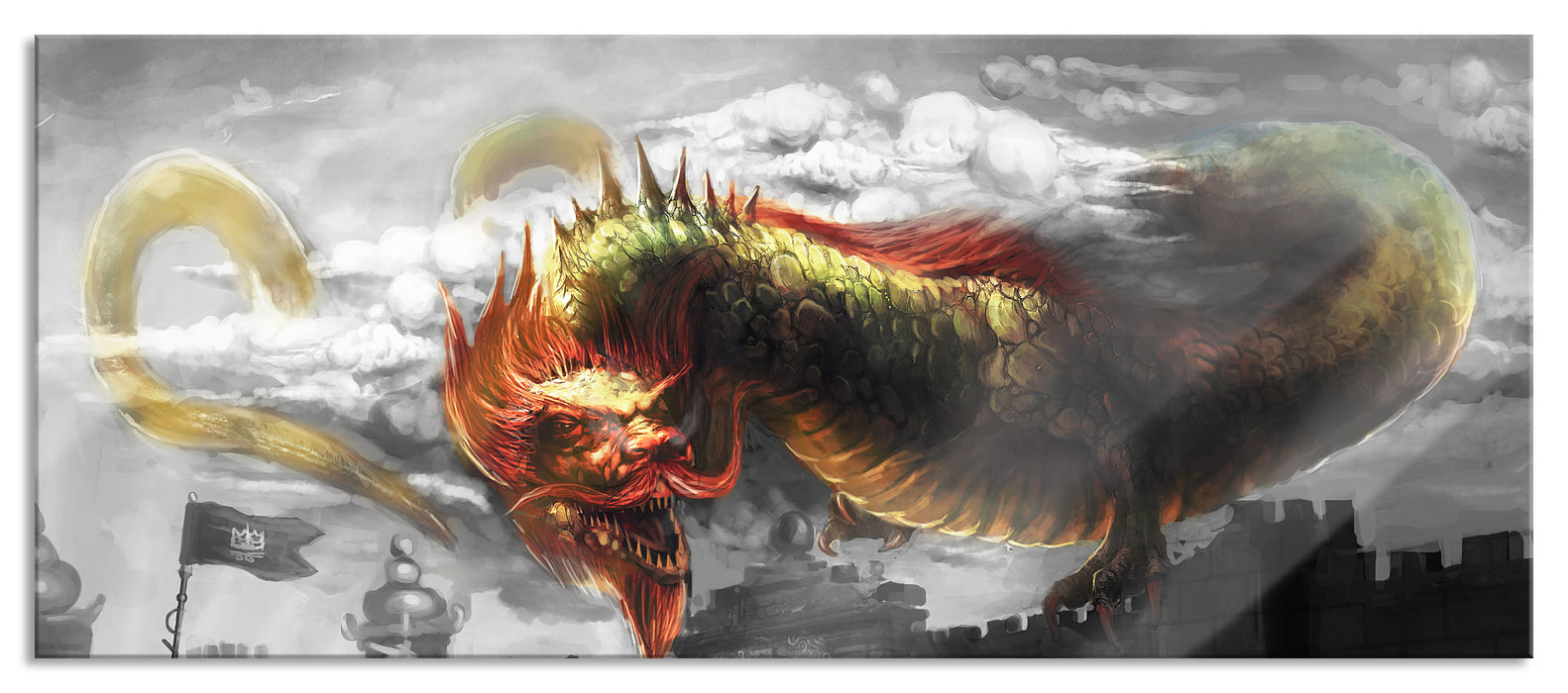 Pixxprint Drache über der Festung, Glasbild Panorama