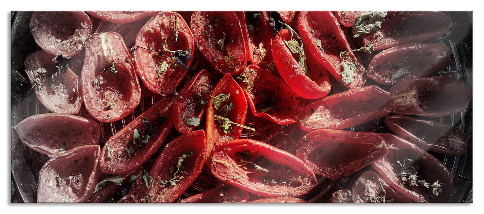 Pixxprint Tomaten Olivenöl Kräuter, Glasbild Panorama