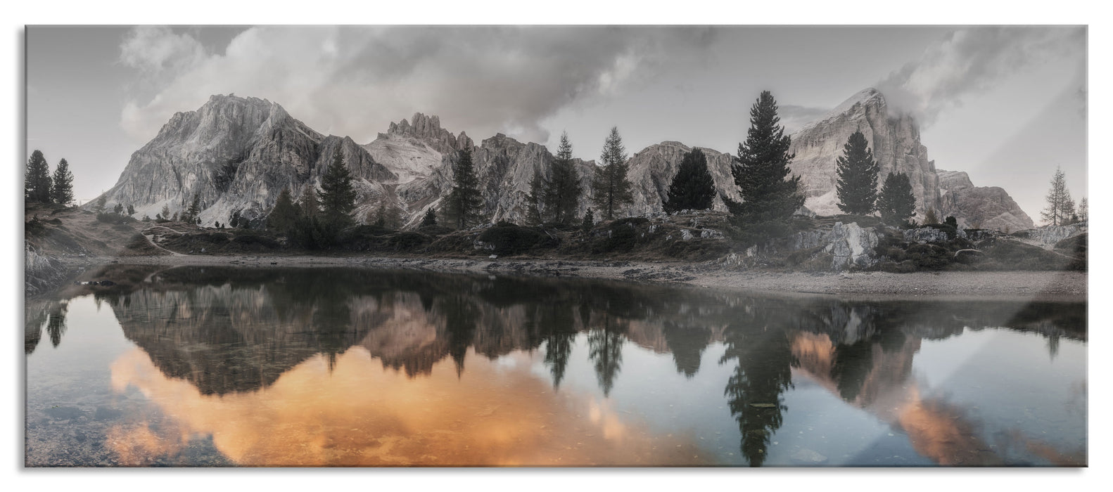 Pixxprint bunte Dolomiten am See Limides, Glasbild Panorama