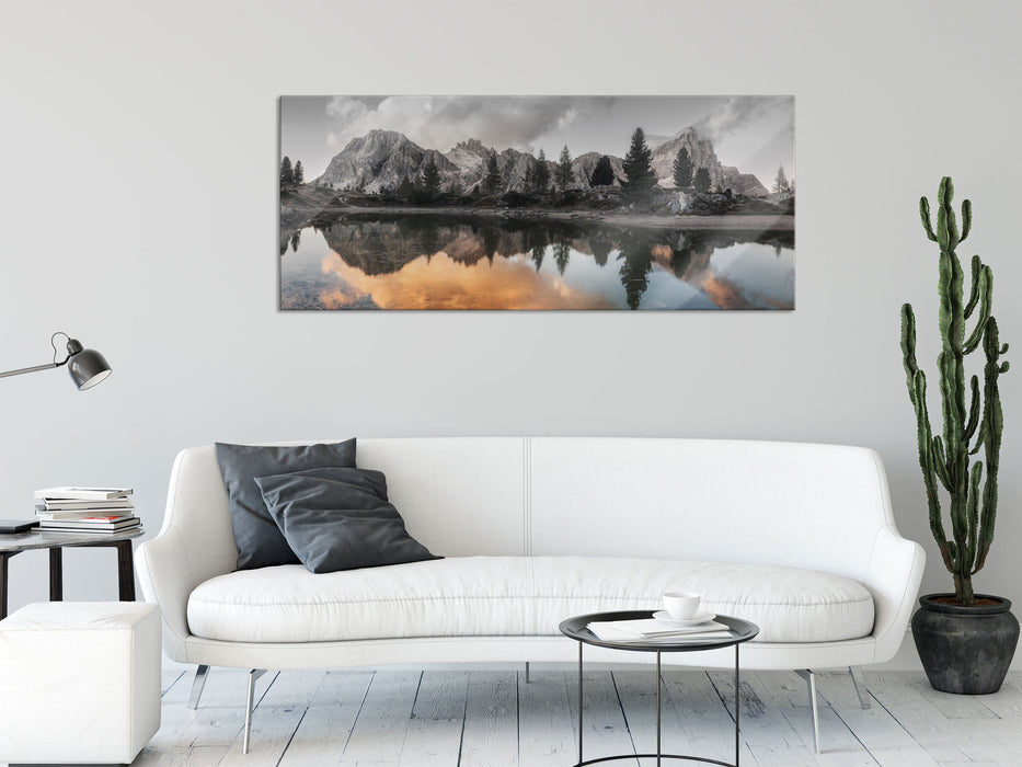 bunte Dolomiten am See Limides, Glasbild Panorama