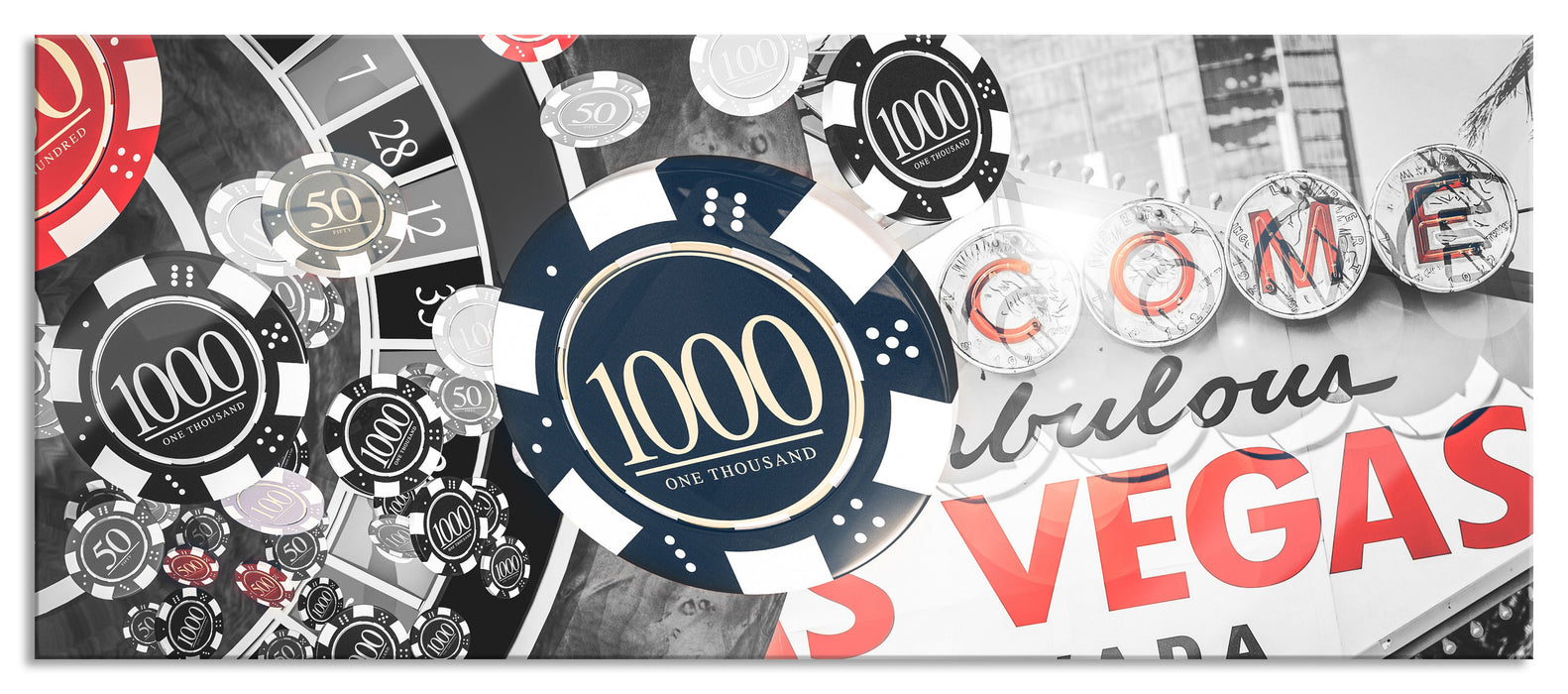 Pixxprint Las Vegas Casino Roulette, Glasbild Panorama