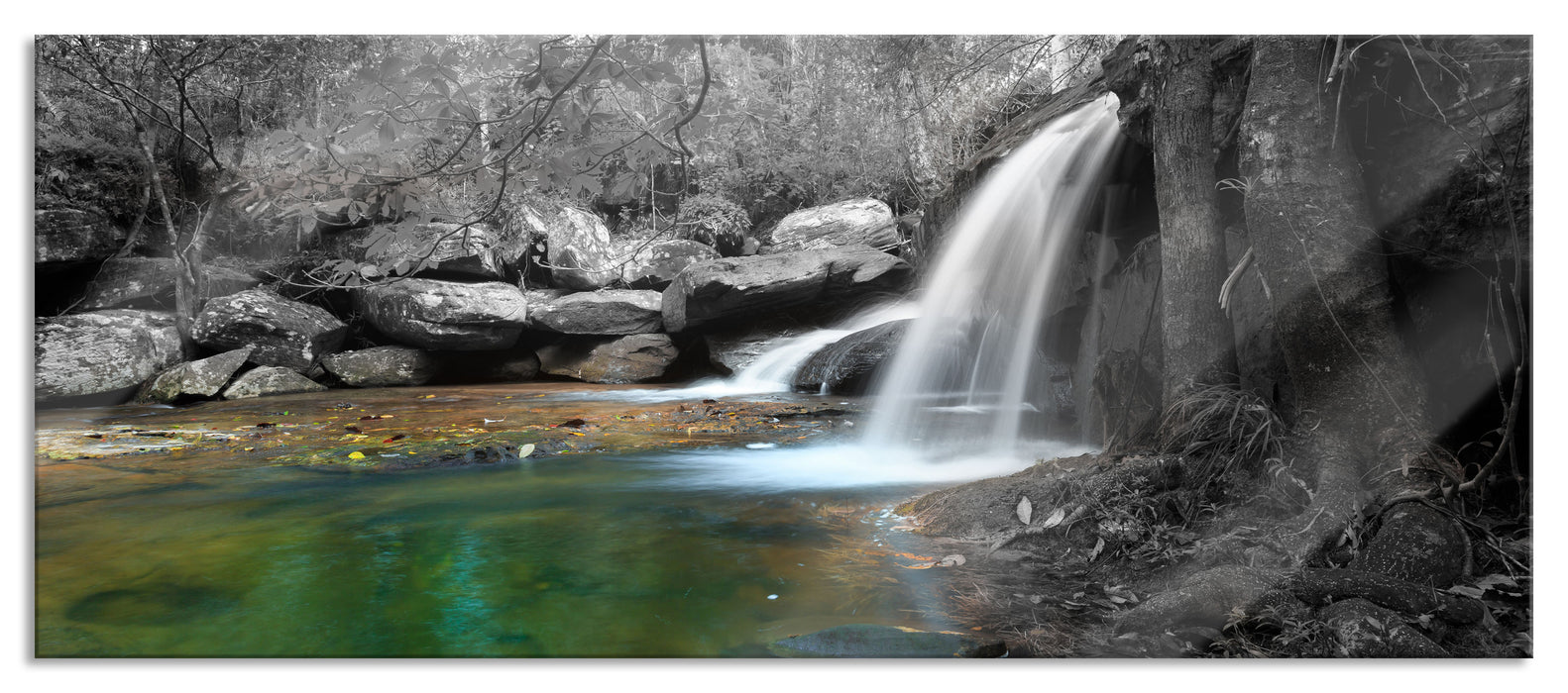 Pixxprint Wasserfall im Wald, Glasbild Panorama