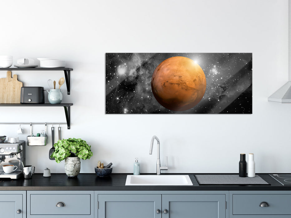 Planet Mars im Universum, Glasbild Panorama