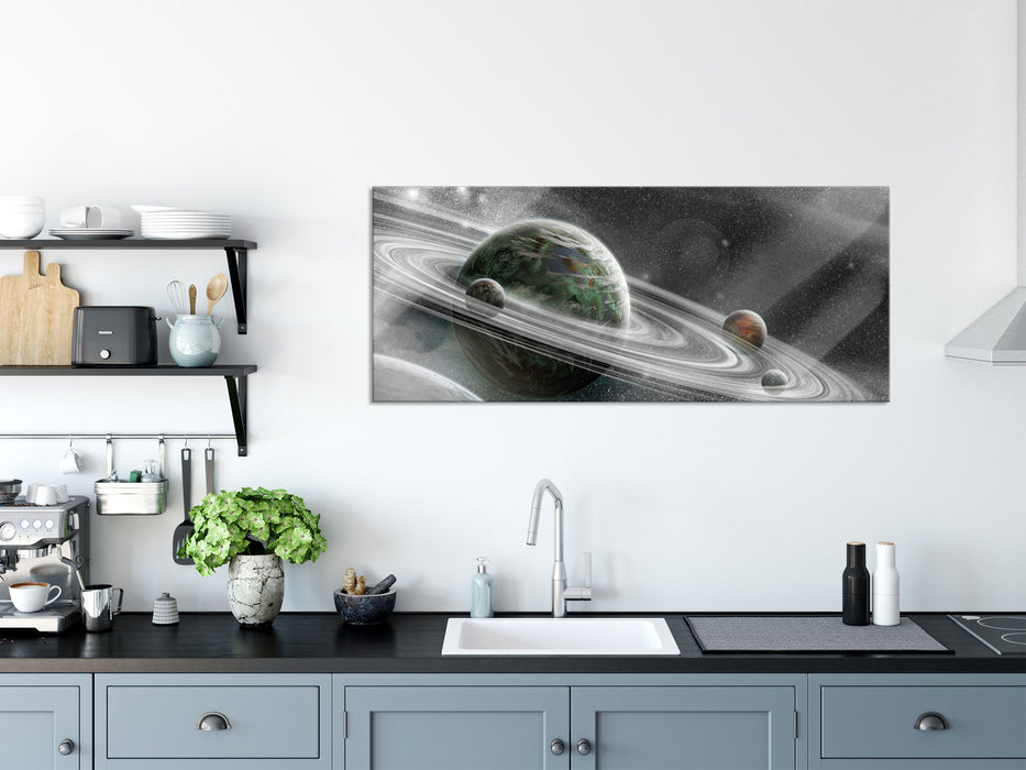 Planet mit Ringsystem, Glasbild Panorama