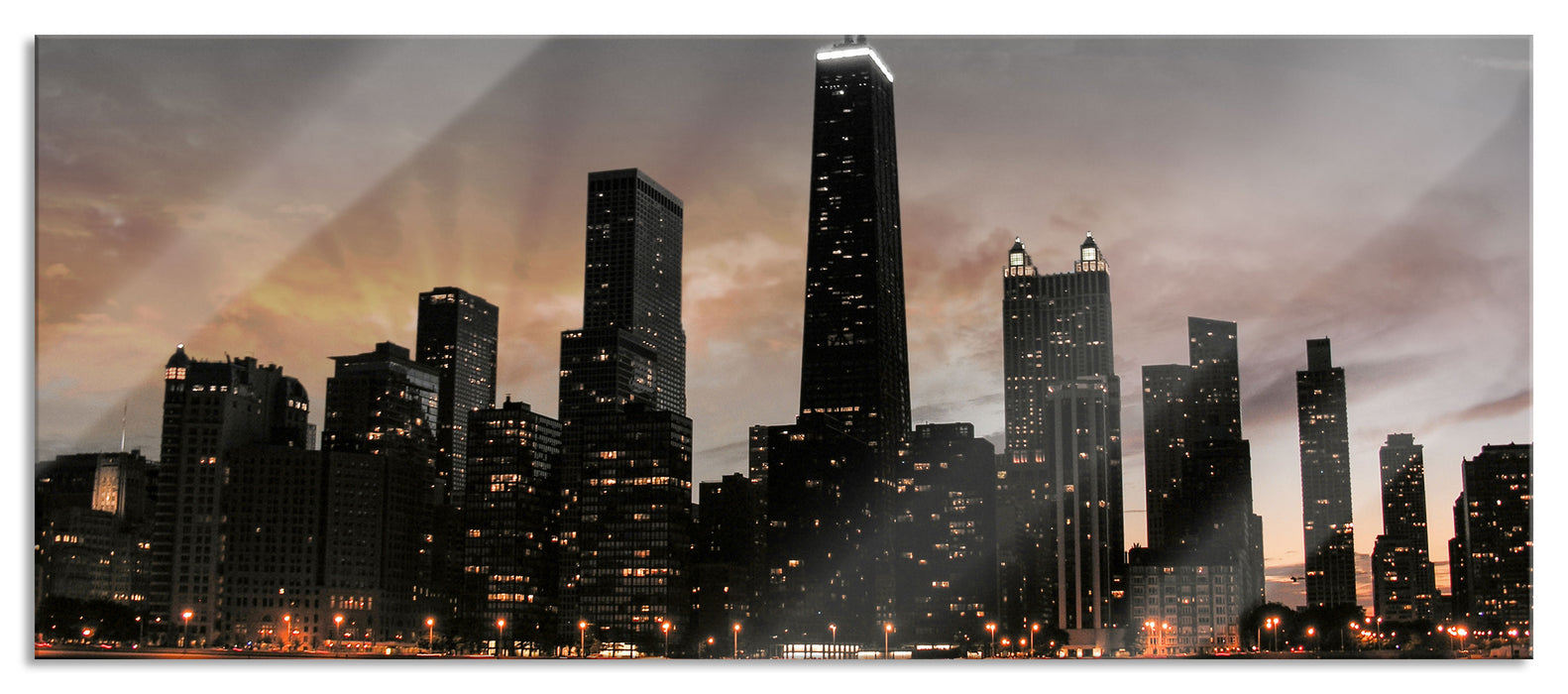 Pixxprint Chicago-Wolkenkratzer-Silhouette, Glasbild Panorama