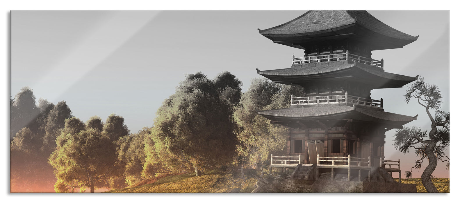 Pixxprint asiatischer Tempel an See, Glasbild Panorama