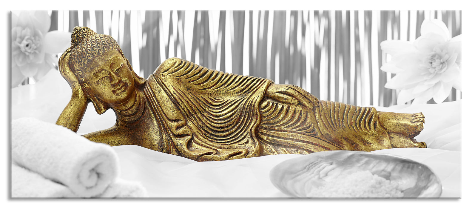 Pixxprint goldener Buddha auf Handtuch, Glasbild Panorama