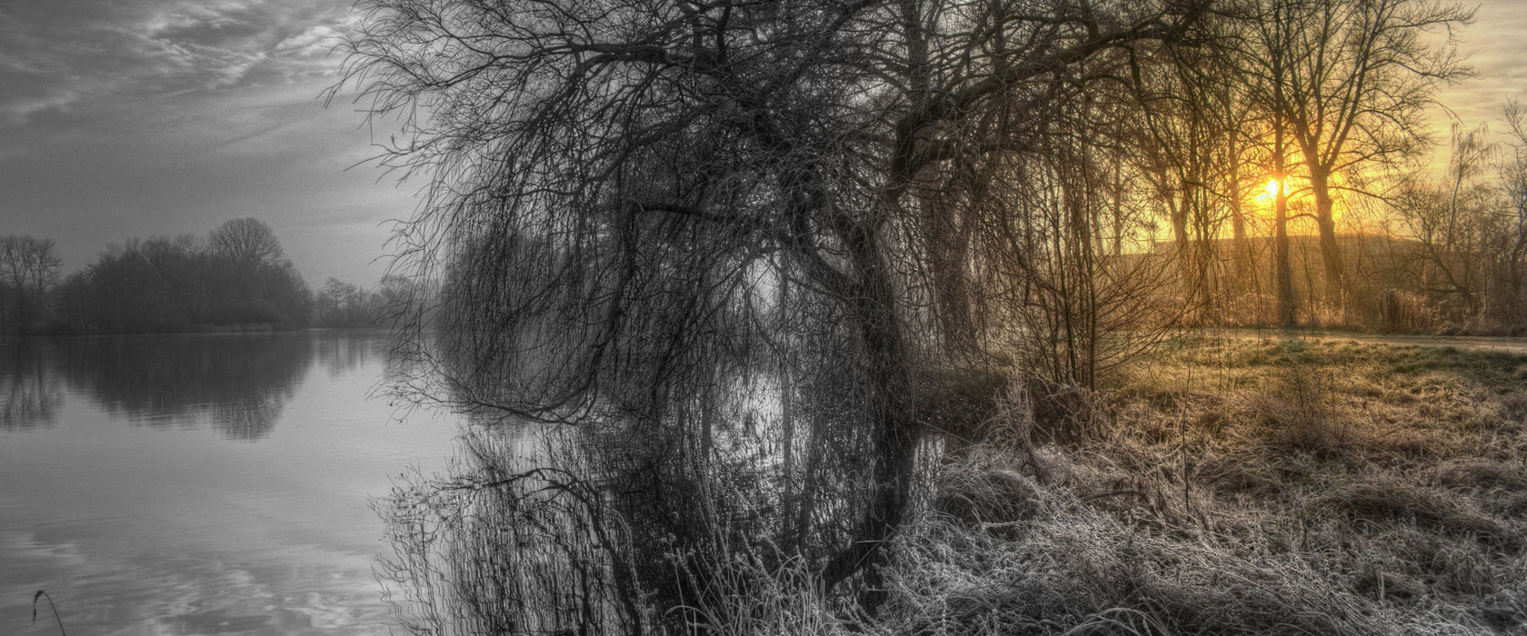 Landschaft im Morgengrauen, Glasbild Panorama