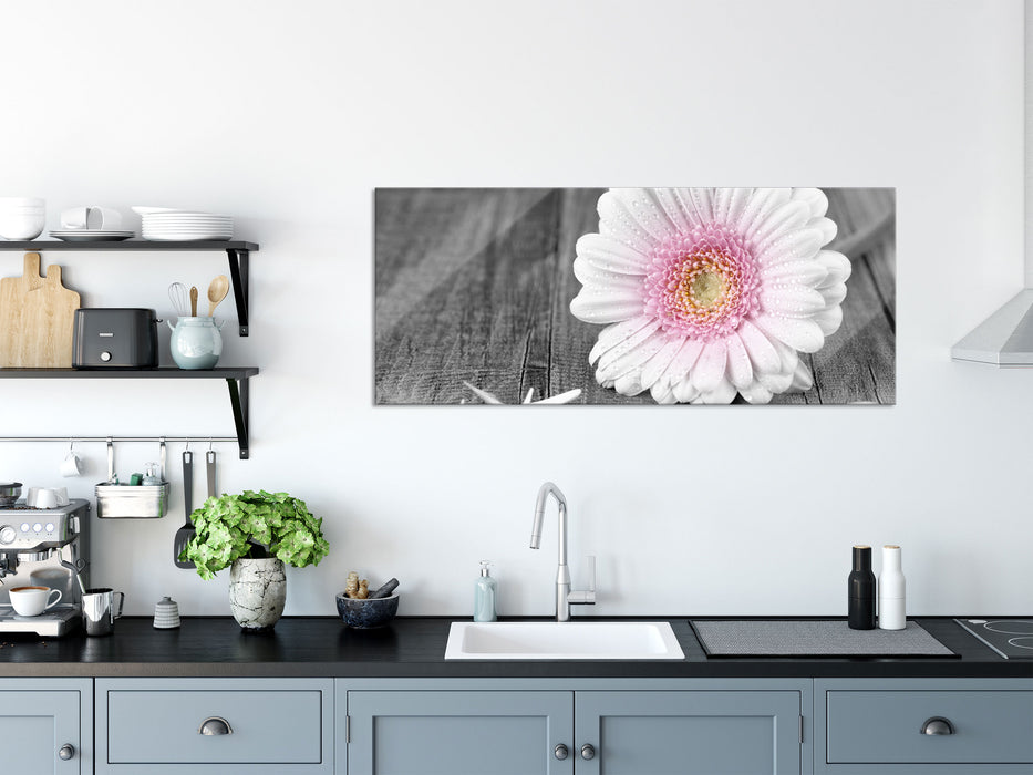 pinke Gerbera auf rustikalem Boden, Glasbild Panorama