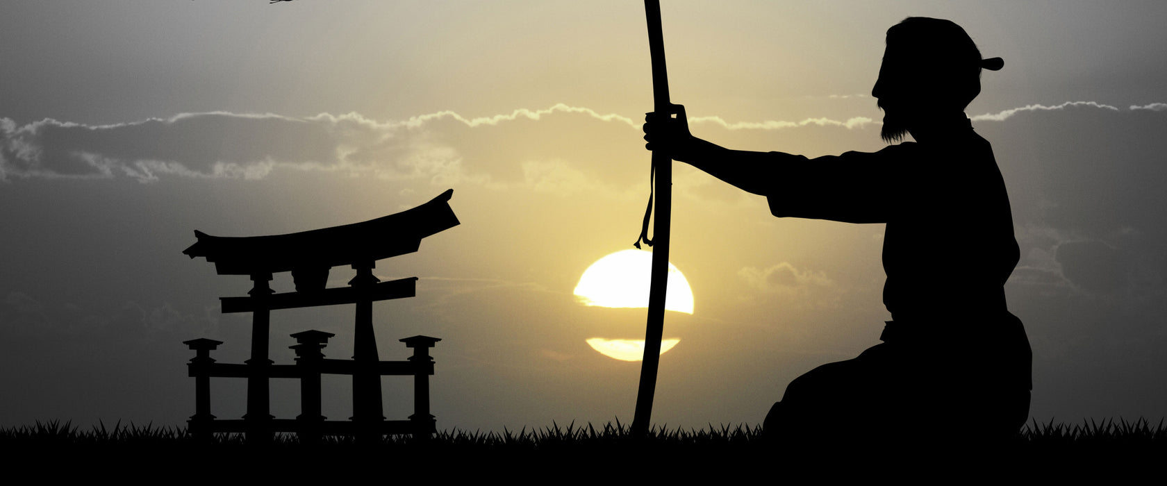 Samurai-Meister vor Horizont, Glasbild Panorama