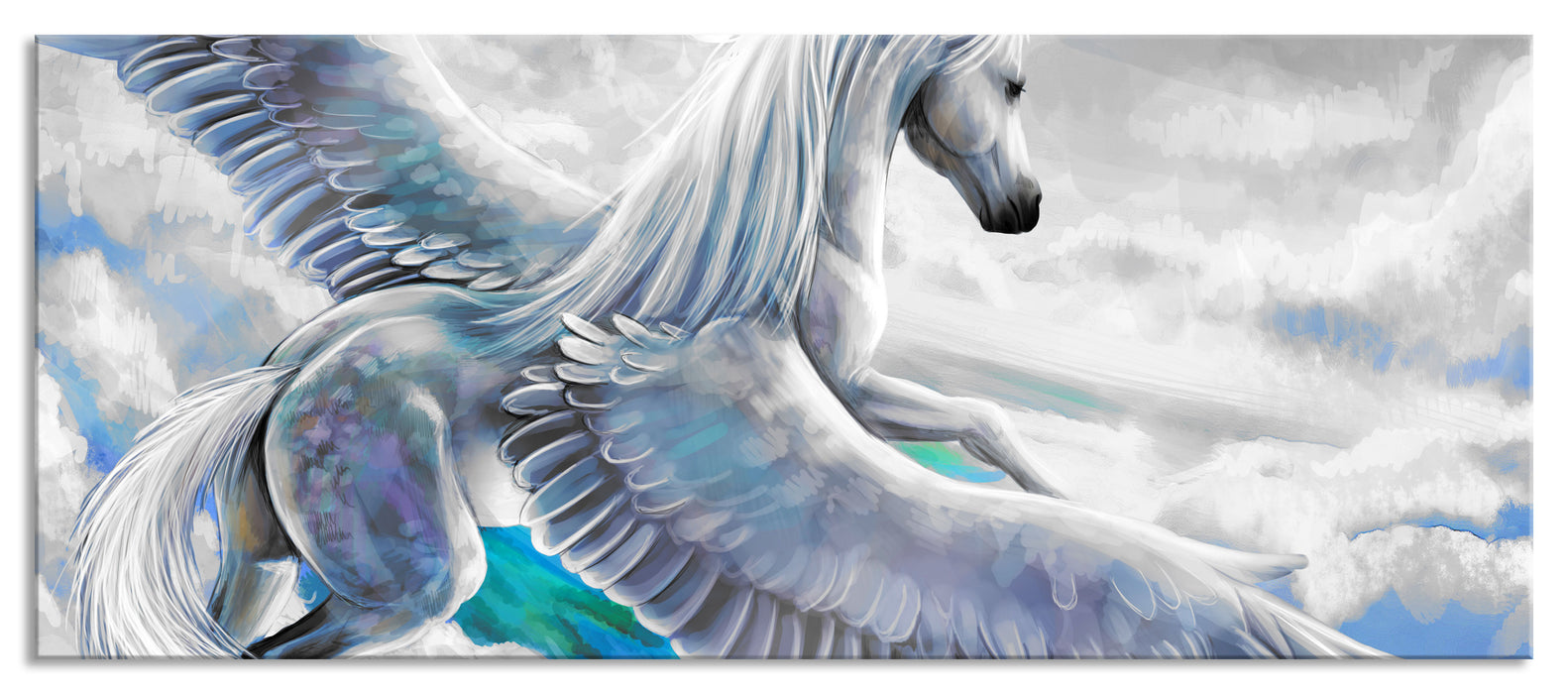 Pixxprint Pegasus fliegt über den Wolken, Glasbild Panorama