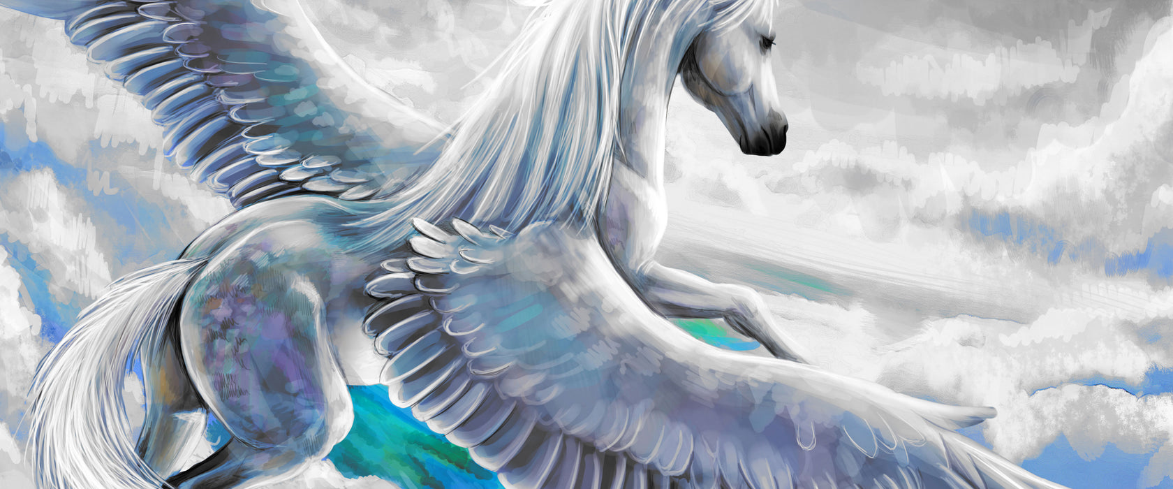 Pegasus fliegt über den Wolken, Glasbild Panorama