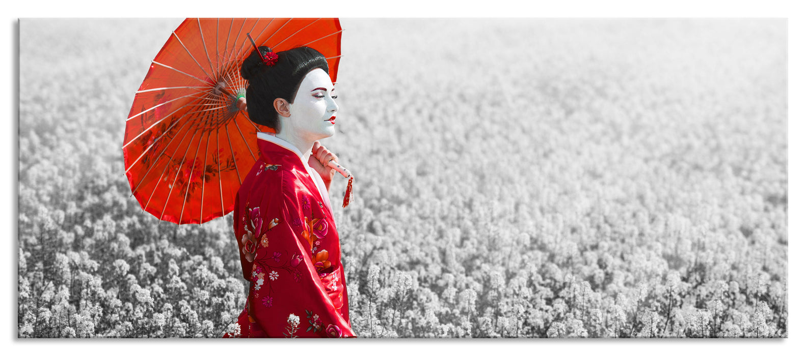 Pixxprint Geisha auf dem Feld, Glasbild Panorama