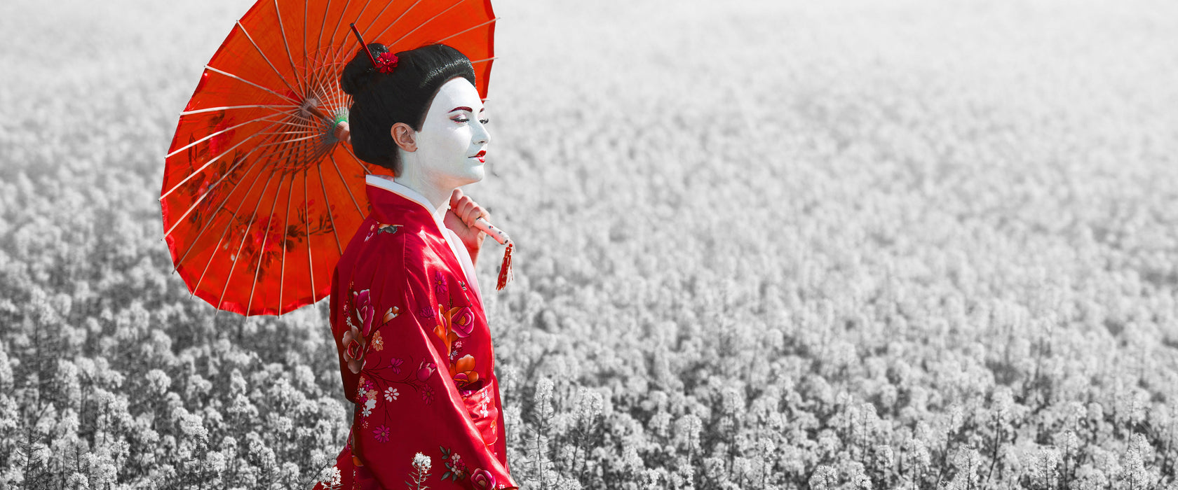 Geisha auf dem Feld, Glasbild Panorama