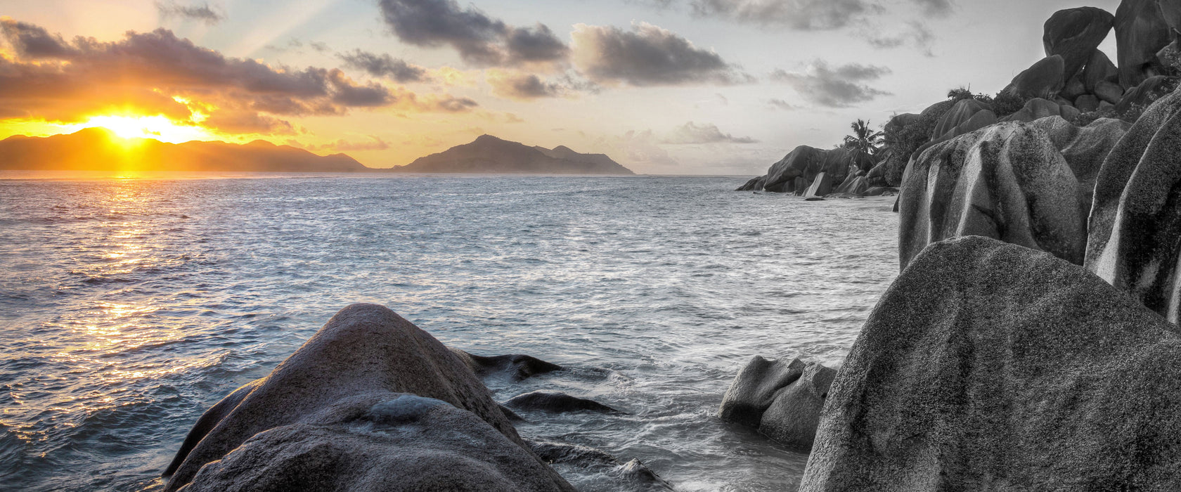 Sonnenuntergang Seychellen, Glasbild Panorama