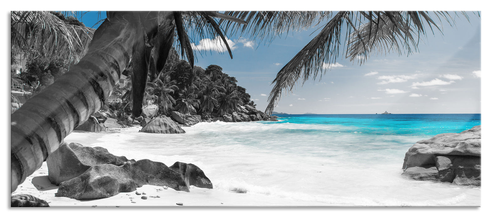 Pixxprint Palmenstrand Seychellen, Glasbild Panorama