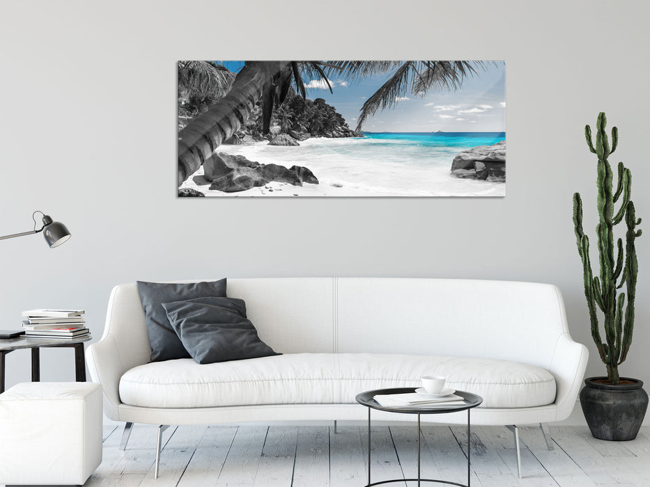 Palmenstrand Seychellen, Glasbild Panorama