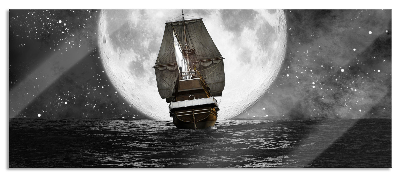 Pixxprint Segelschiff bei Vollmond, Glasbild Panorama