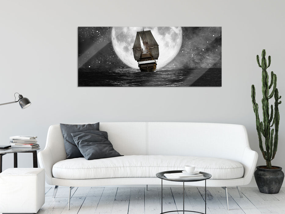 Segelschiff bei Vollmond, Glasbild Panorama