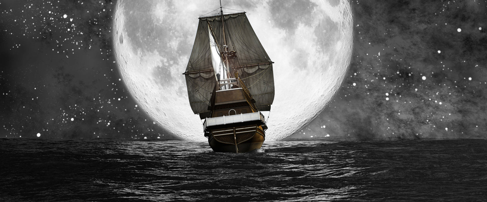 Segelschiff bei Vollmond, Glasbild Panorama