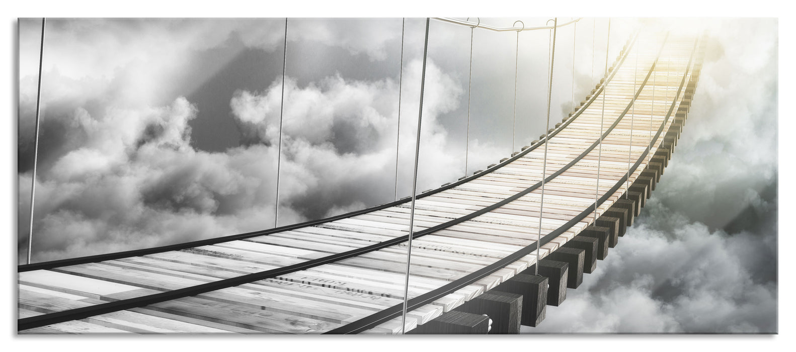 Pixxprint Hölzerne Brücke in den Wolken, Glasbild Panorama
