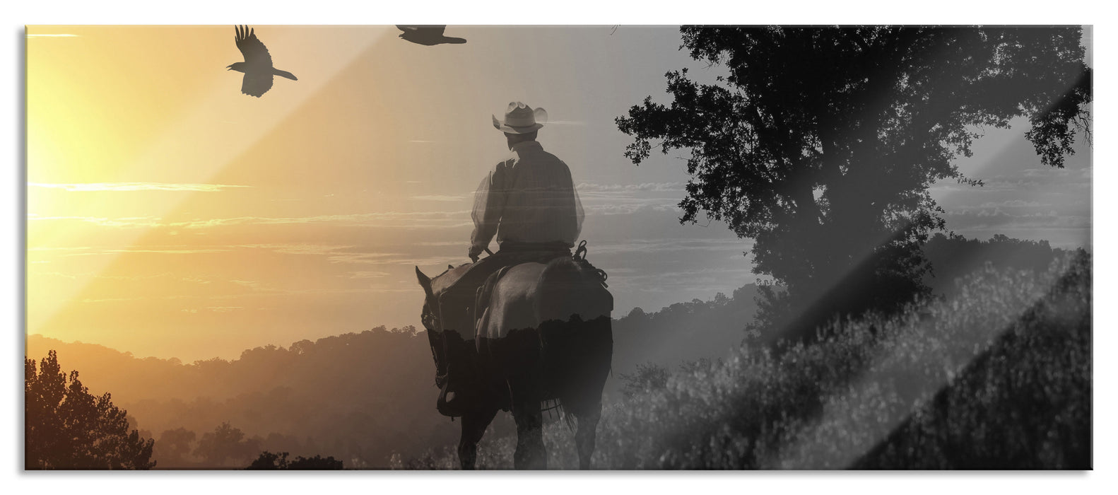 Pixxprint Ein Cowboy im Sonnenuntergang, Glasbild Panorama