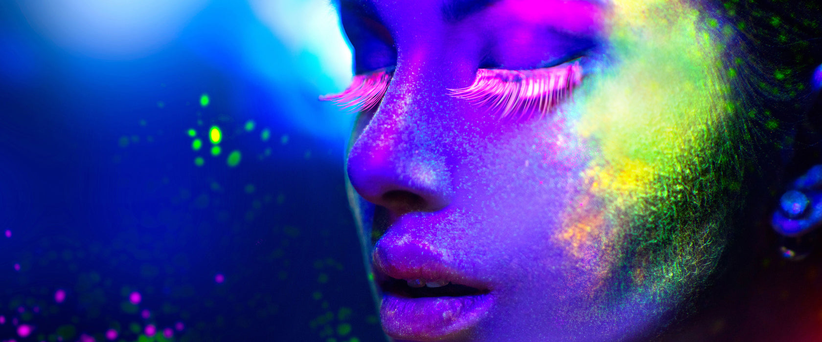 Frauengesicht bunte Neonlichter, Glasbild Panorama