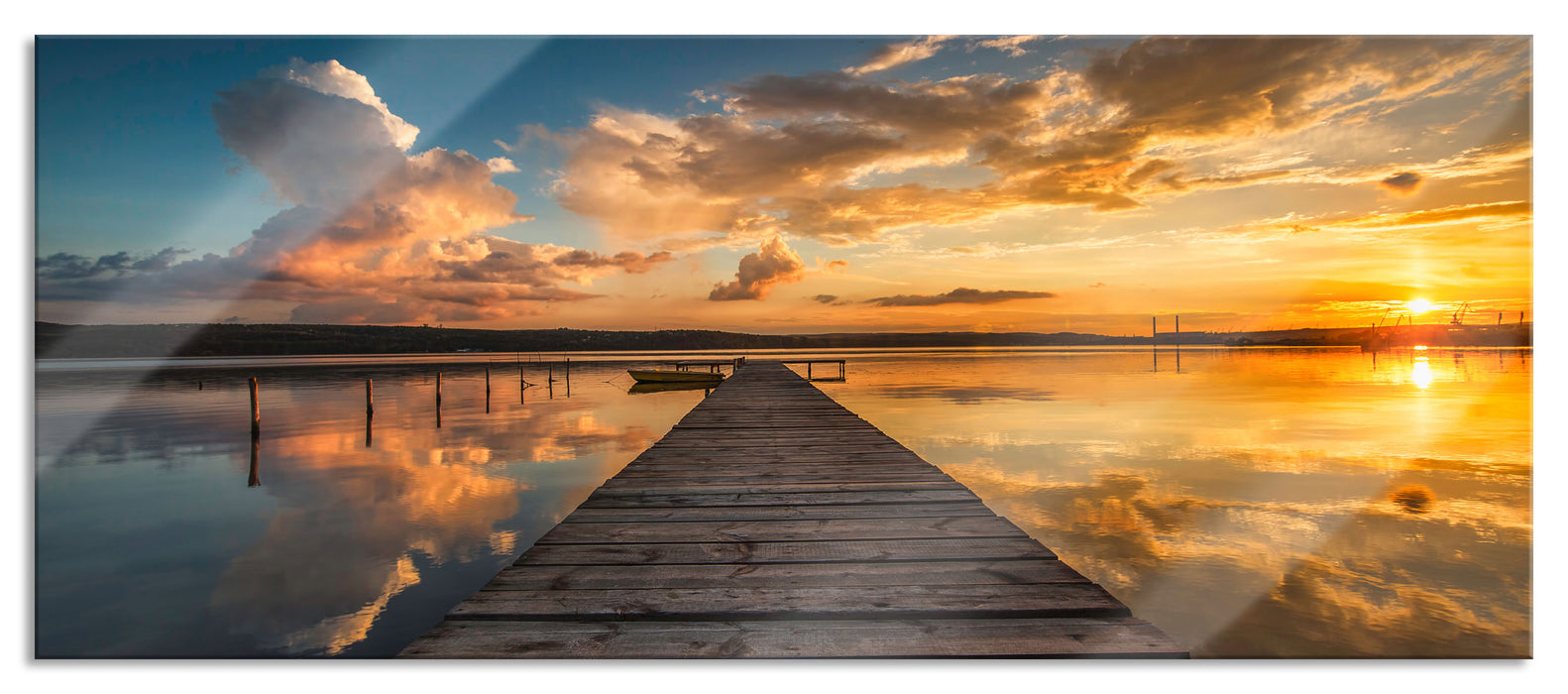 Pixxprint Steg am See bei Sonnenuntergang, Glasbild Panorama