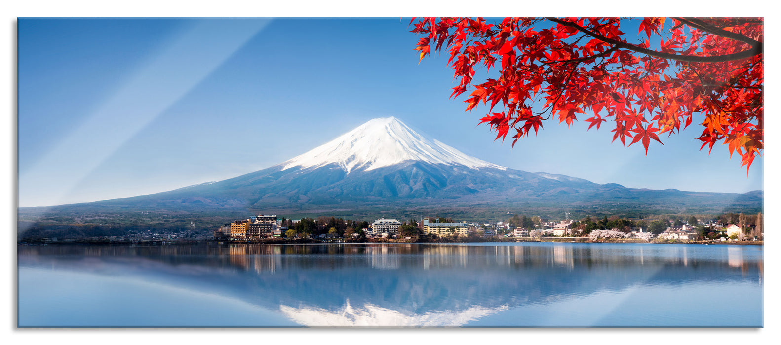 Pixxprint Berg Fujiyama mit herbstlich rotem Baum, Glasbild Panorama