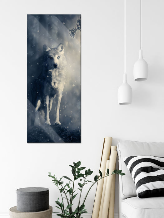 Fantasievoller weißer Wolf auf Lichtung, Glasbild Panorama