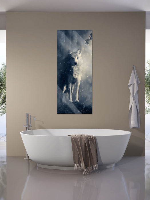 Fantasievoller weißer Wolf auf Lichtung, Glasbild Panorama