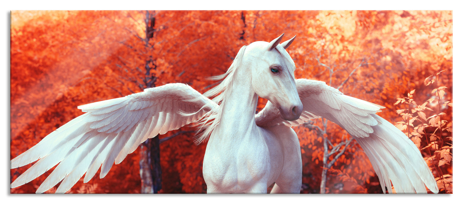 Pixxprint Pegasus im Fluss eines Herbstwaldes, Glasbild Panorama