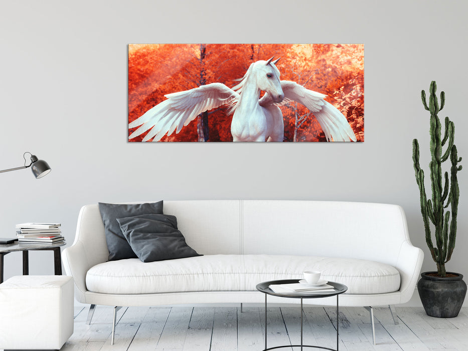 Pegasus im Fluss eines Herbstwaldes, Glasbild Panorama