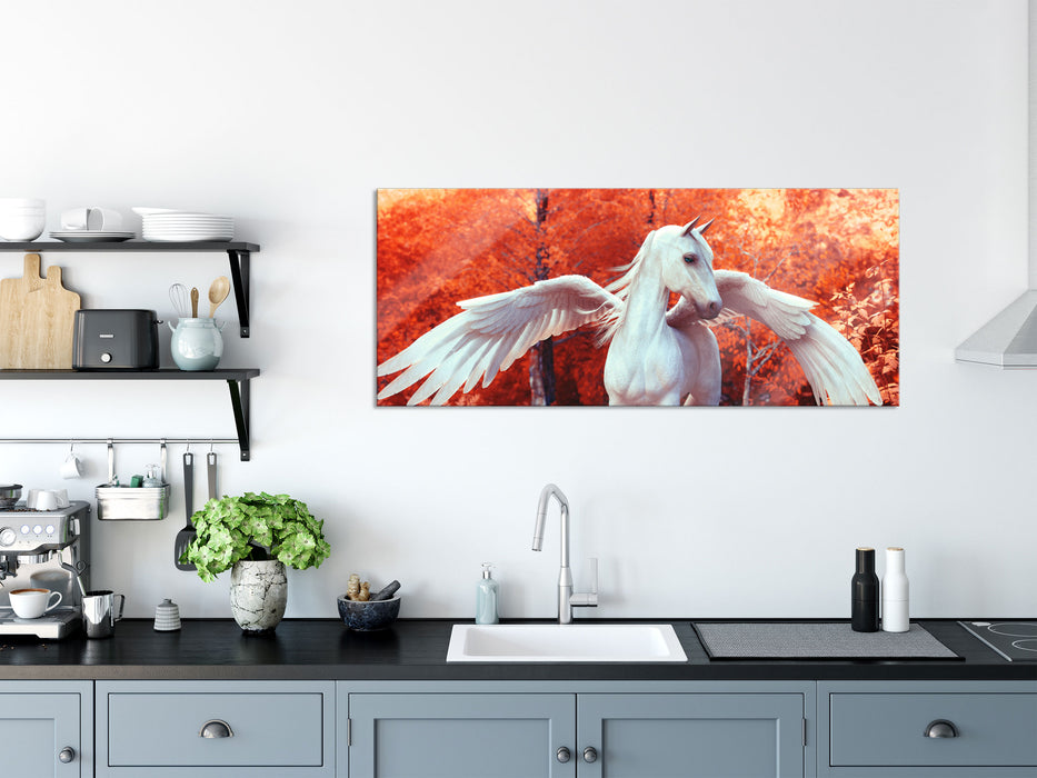 Pegasus im Fluss eines Herbstwaldes, Glasbild Panorama