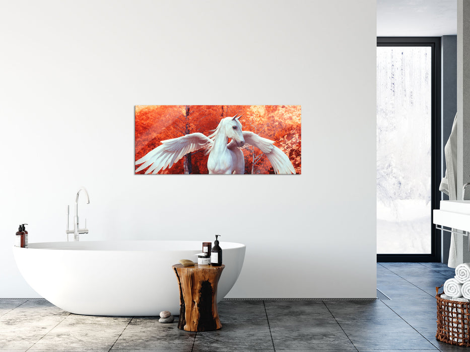 Pegasus im Fluss eines Herbstwaldes, Glasbild Panorama