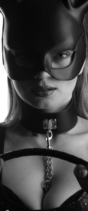 Sexy Frau mit Halsband und Hasenmaske, Glasbild Panorama