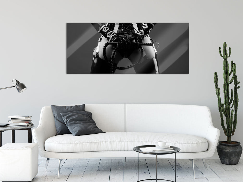 Sexy Domina im Latexkostüm, Glasbild Panorama