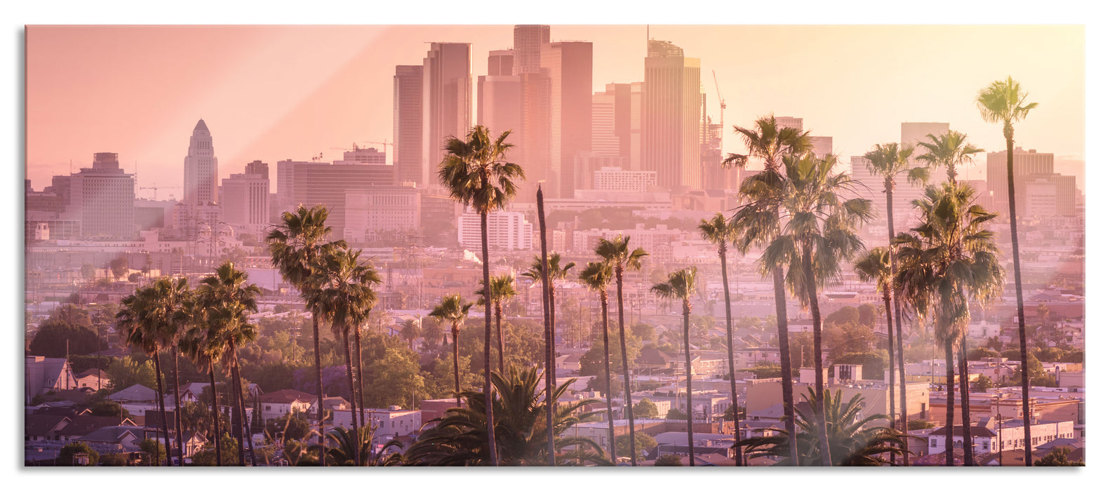 Pixxprint Palmen vor Skyline von Los Angeles, Glasbild Panorama