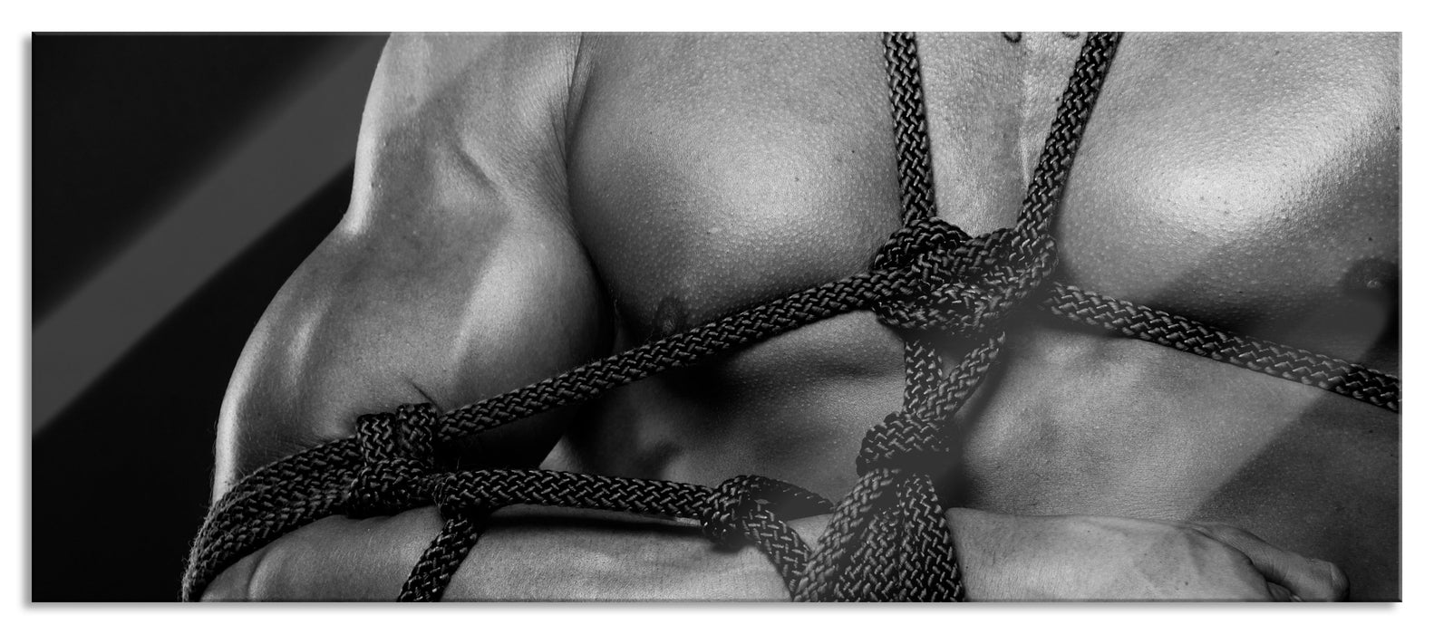 Pixxprint Muskulöser Mann gefesselt Bondage, Glasbild Panorama