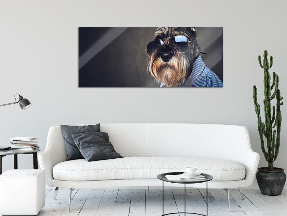 Lustiger Hund mit Hemd und Sonnenbrille, Glasbild Panorama