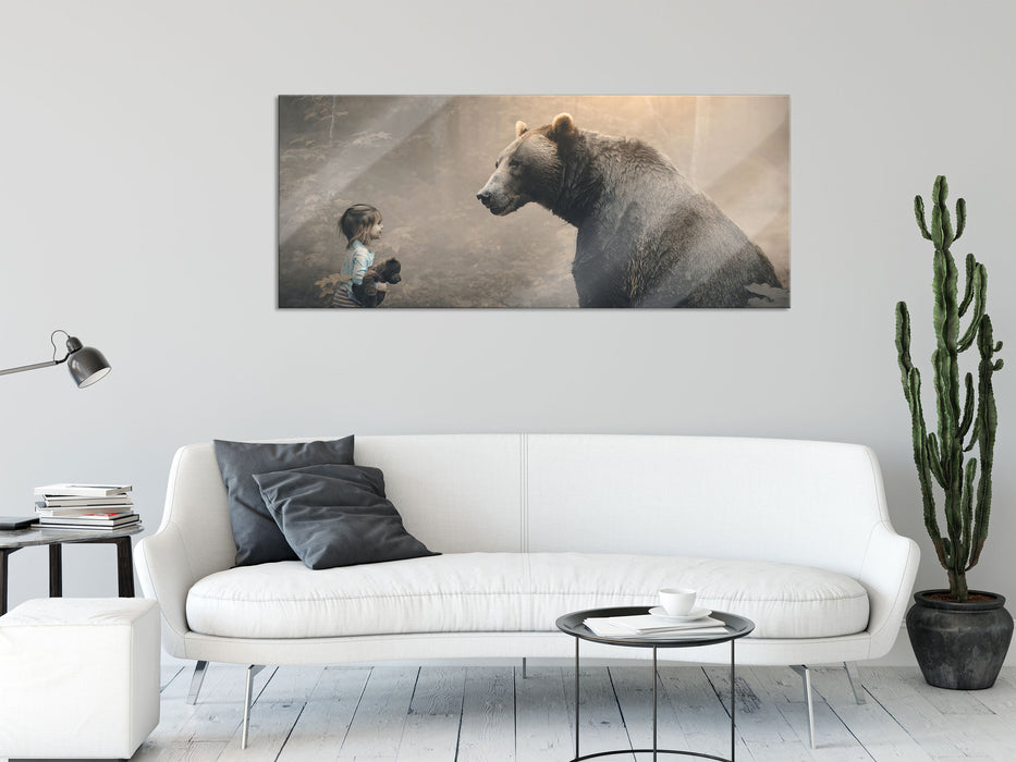 Mädchen mit Teddy und Bär im Wald, Glasbild Panorama