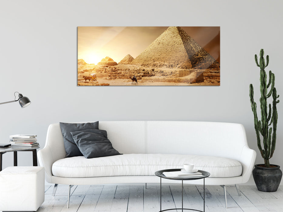 Pyramiden in Ägypten bei Sonnenuntergang, Glasbild Panorama