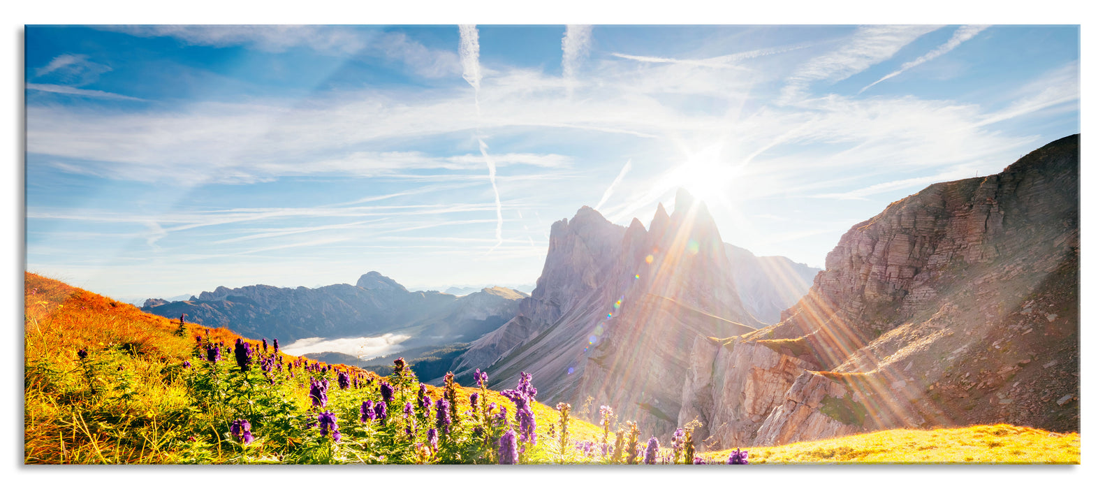Pixxprint Bergwiese im Puez-Geisler Naturpark, Glasbild Panorama